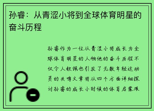 孫睿：從青澀小將到全球體育明星的奮斗歷程