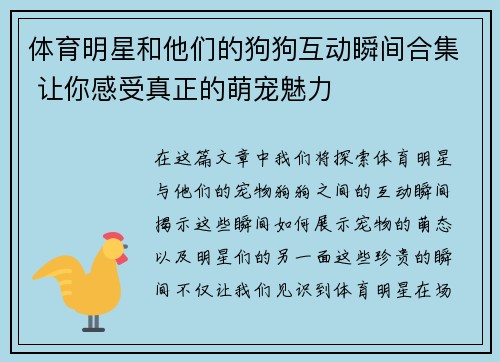 體育明星和他們的狗狗互動瞬間合集 讓你感受真正的萌寵魅力